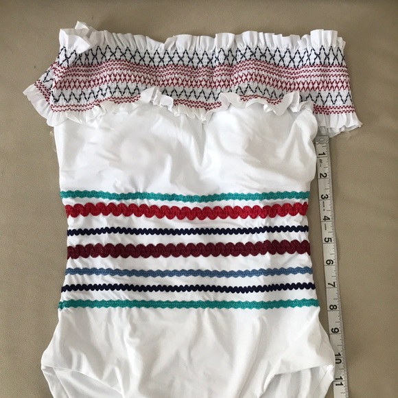 Red Carter Smocked Off the Shoulder Swimsuit - Picture 5 of 9